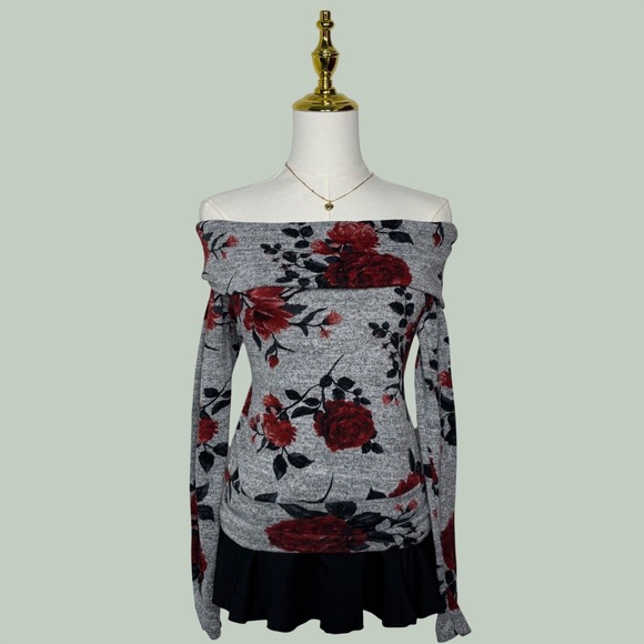 BCX Sweaters - BCX y2k gray black red floral off shoulder sweater coquette chic romantic goth